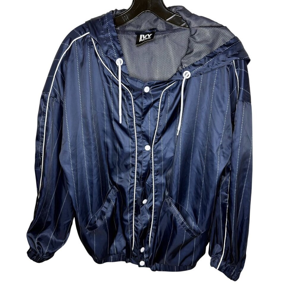 Beyonce Ivy Park XS Blue Striped Hooded Jacket Baseball Sporty City Minimalist